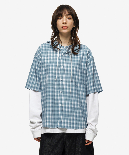 SECONDMONO（セカンドモノローグ）の「フードチェックハーフシャツ[BLUE]_SESH999BLUE（シャツ/ブラウス・レディース・その他・SMALL/MEDIUM/LARGE）」の4枚目の写真