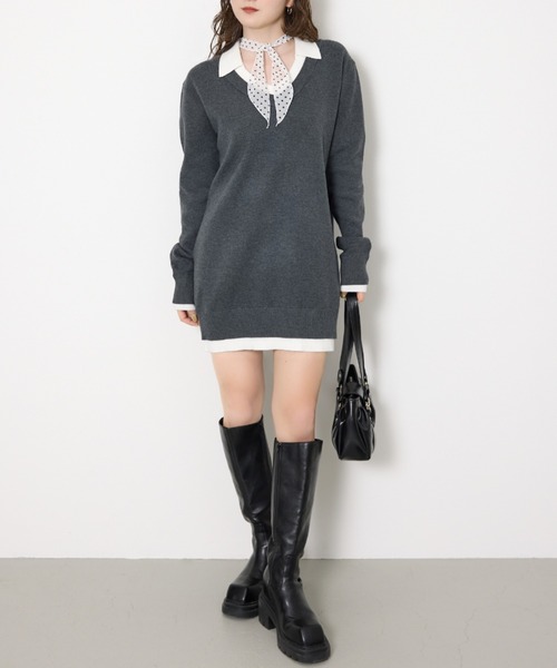SLY(スライ)の「【2026SS新作】LAYERED V/N HG OP レイヤード Vネック ハイゲージ ワンピース 冬服 春服(ワンピース・レディース・ブラック/ベージュ/杢グレー・FREE)」の2枚目の写真