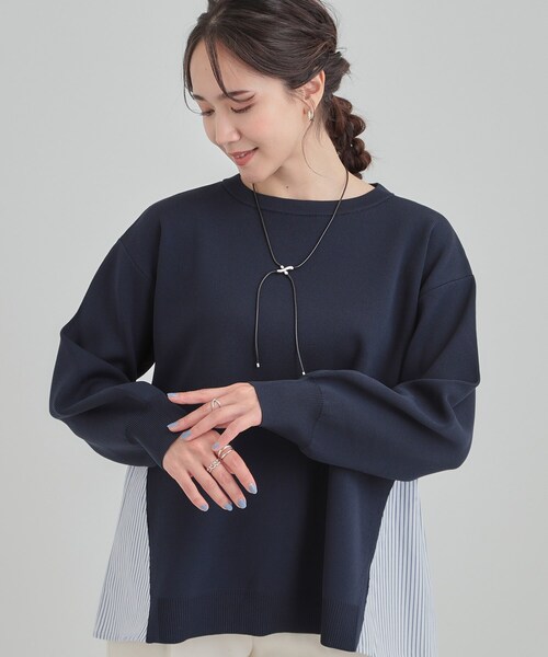SHOO・LA・RUE（シューラルー）の「【洗濯機可/S-LL】Aラインで体型カバー。スポンディッシュ サイドフェイクトップス（ニット/セーター・レディース・ネイビー/グリーン系/アイボリー/サックスブルー・01/02/03/04）」の3枚目の写真