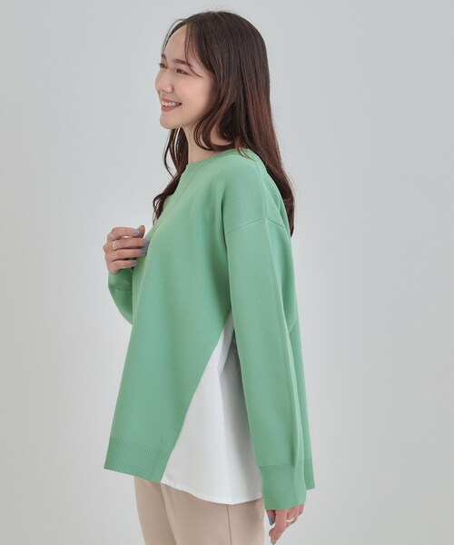 SHOO・LA・RUE（シューラルー）の「【洗濯機可/S-LL】Aラインで体型カバー。スポンディッシュ サイドフェイクトップス（ニット/セーター・レディース・ネイビー/グリーン系/アイボリー/サックスブルー・01/02/03/04）」の7枚目の写真