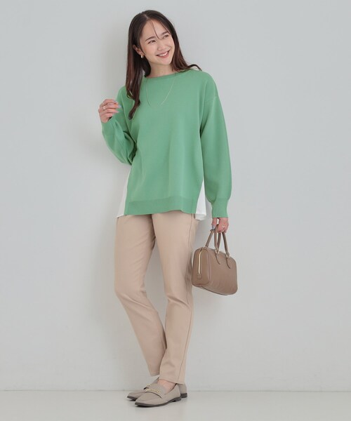 SHOO・LA・RUE（シューラルー）の「【洗濯機可/S-LL】Aラインで体型カバー。スポンディッシュ サイドフェイクトップス（ニット/セーター・レディース・ネイビー/グリーン系/アイボリー/サックスブルー・01/02/03/04）」の8枚目の写真