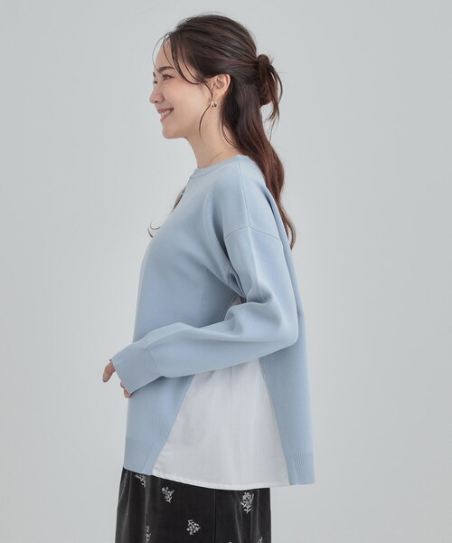 SHOO・LA・RUE（シューラルー）の「【洗濯機可/S-LL】Aラインで体型カバー。スポンディッシュ サイドフェイクトップス（ニット/セーター・レディース・ネイビー/グリーン系/アイボリー/サックスブルー・01/02/03/04）」の11枚目の写真