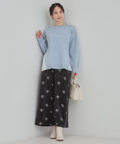 SHOO・LA・RUE（シューラルー）の「【洗濯機可/S-LL】Aラインで体型カバー。スポンディッシュ サイドフェイクトップス（ニット/セーター・レディース・ネイビー/グリーン系/アイボリー/サックスブルー・01/02/03/04）」の12枚目の写真