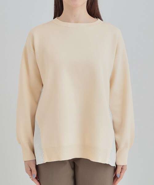 SHOO・LA・RUE（シューラルー）の「【洗濯機可/S-LL】Aラインで体型カバー。スポンディッシュ サイドフェイクトップス（ニット/セーター・レディース・ネイビー/グリーン系/アイボリー/サックスブルー・01/02/03/04）」の14枚目の写真