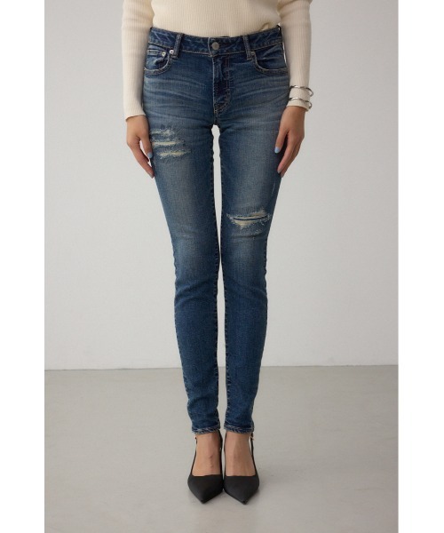 AZUL by moussy(アズールバイマウジー)の「【サイズ,身長別画像あり】AZUL DENIM リペアスキニーデニム(デニムパンツ・レディース・ブルー/ブラック/ダークブルー・LARGE/SMALL/MEDIUM/X-SMALL/X-LARGE/XX-SMALL)」の4枚目の写真