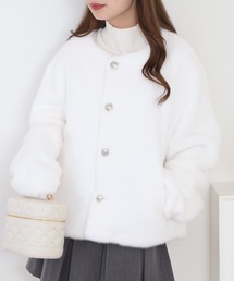 ノーカラージャケット（ホワイト/白色系・ショート丈）ファッション