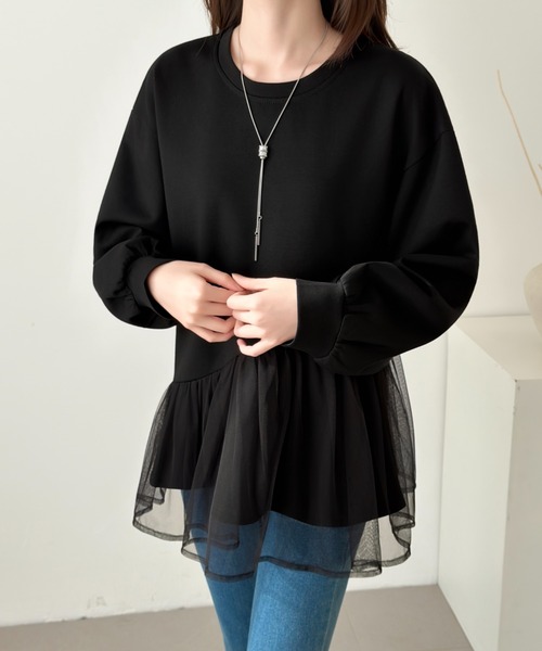 emi+(エミプラス)の「アシメチュールドッキングスウェットプルオーバー(Tシャツ/カットソー・レディース・モカ/ブラック/ベージュ・FREE)」の5枚目の写真