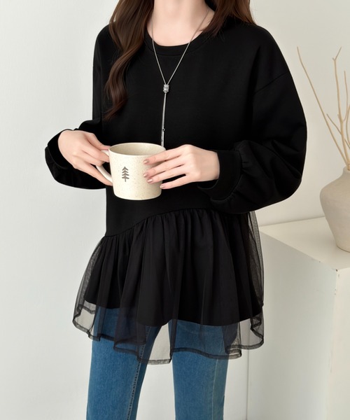 emi+(エミプラス)の「アシメチュールドッキングスウェットプルオーバー(Tシャツ/カットソー・レディース・モカ/ブラック/ベージュ・FREE)」の7枚目の写真