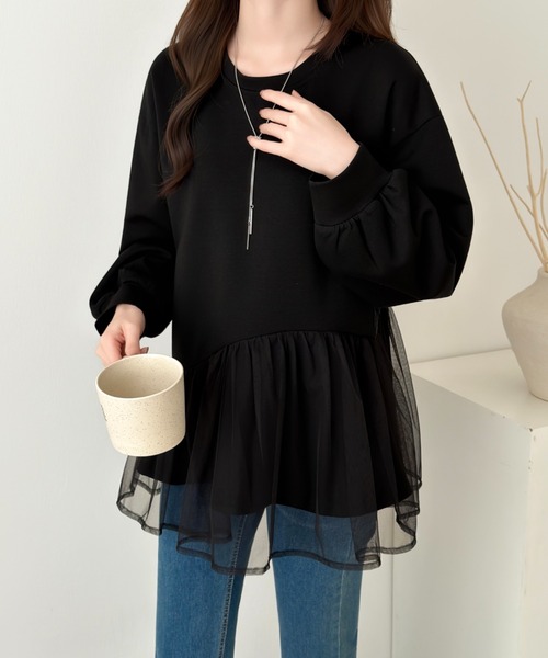 emi+(エミプラス)の「アシメチュールドッキングスウェットプルオーバー(Tシャツ/カットソー・レディース・モカ/ブラック/ベージュ・FREE)」の9枚目の写真