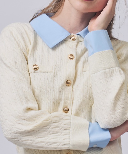 SWINGLE（スウィングル）の「レイヤードケーブルニットカーディガン（カーディガン/ボレロ・レディース・カーキ/グレー/オフホワイト/ネイビー・FREE）」の7枚目の写真