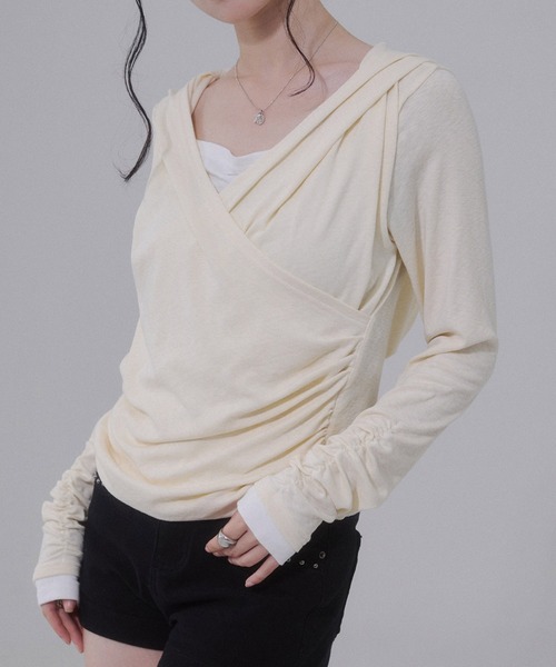 ENVYM(アンビー)の「レイヤード カシュクール フーディー トップス【2026年秋新色】(Tシャツ/カットソー・レディース・ブラック/グレー/ピンク/イエロー/ネイビー・FREE)」の4枚目の写真