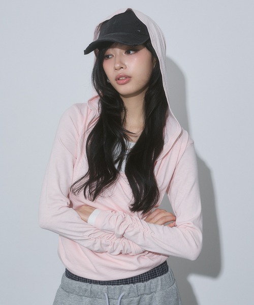 ENVYM(アンビー)の「レイヤード カシュクール フード トップス(Tシャツ/カットソー・レディース・ブラック/グレー/ピンク・FREE)」の7枚目の写真