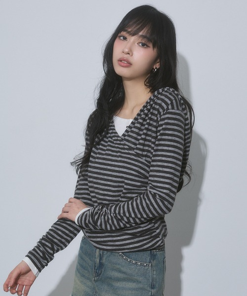 ENVYM(アンビー)の「レイヤード カシュクール フーディー トップス【2026年秋新色】(Tシャツ/カットソー・レディース・ブラック/グレー/ピンク/イエロー/ネイビー・FREE)」の16枚目の写真