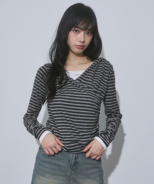 ENVYM(アンビー)の「レイヤード カシュクール フーディー トップス【2026年秋新色】(Tシャツ/カットソー・レディース・ブラック/グレー/ピンク/イエロー/ネイビー・FREE)」の17枚目の写真