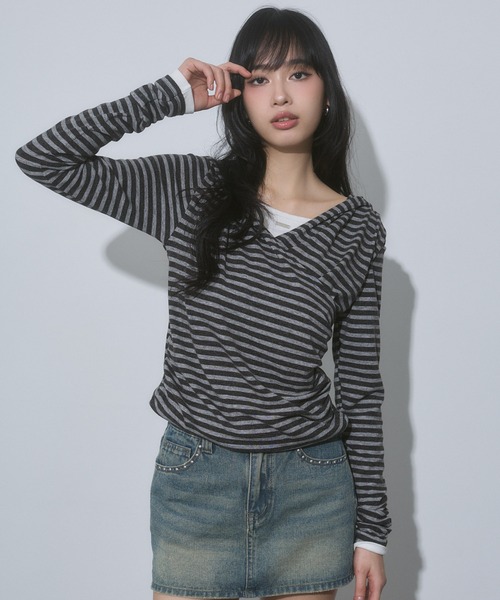 ENVYM(アンビー)の「レイヤード カシュクール フード トップス(Tシャツ/カットソー・レディース・ブラック/グレー/ピンク・FREE)」の5枚目の写真