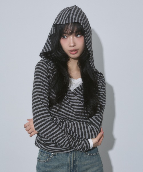 ENVYM(アンビー)の「レイヤード カシュクール フード トップス(Tシャツ/カットソー・レディース・ブラック/グレー/ピンク・FREE)」の4枚目の写真