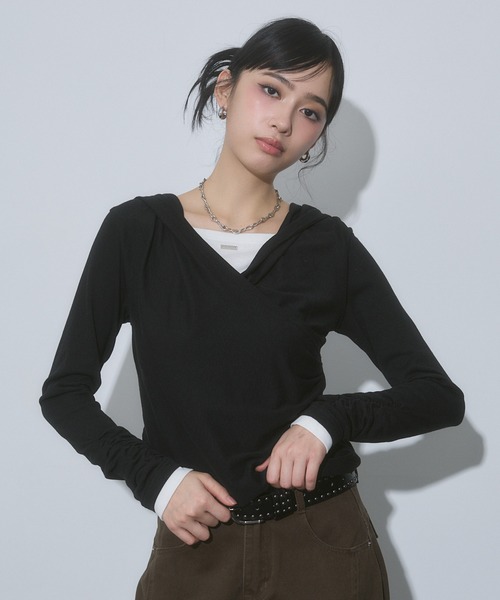 ENVYM(アンビー)の「レイヤード カシュクール フーディー トップス【2026年秋新色】(Tシャツ/カットソー・レディース・ブラック/グレー/ピンク/イエロー/ネイビー・FREE)」の19枚目の写真