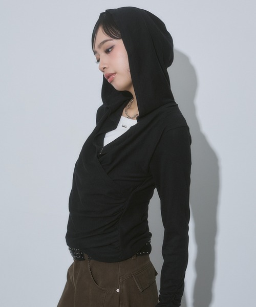 ENVYM(アンビー)の「レイヤード カシュクール フード トップス(Tシャツ/カットソー・レディース・ブラック/グレー/ピンク・FREE)」の10枚目の写真