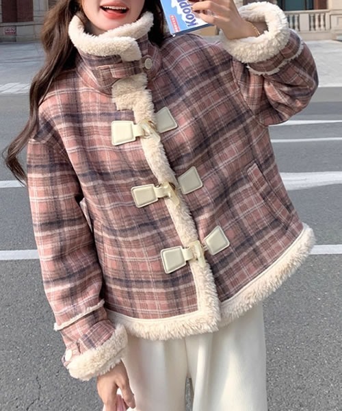 スタンドカラー チェック柄 ボア ダッフルコート（ダッフルコート