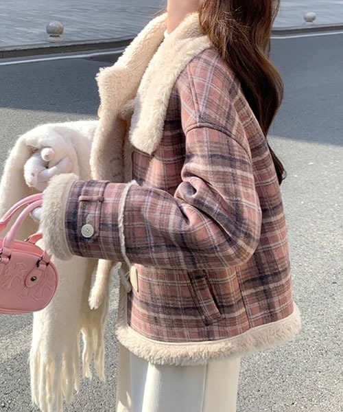 スタンドカラー チェック柄 ボア ダッフルコート（ダッフルコート