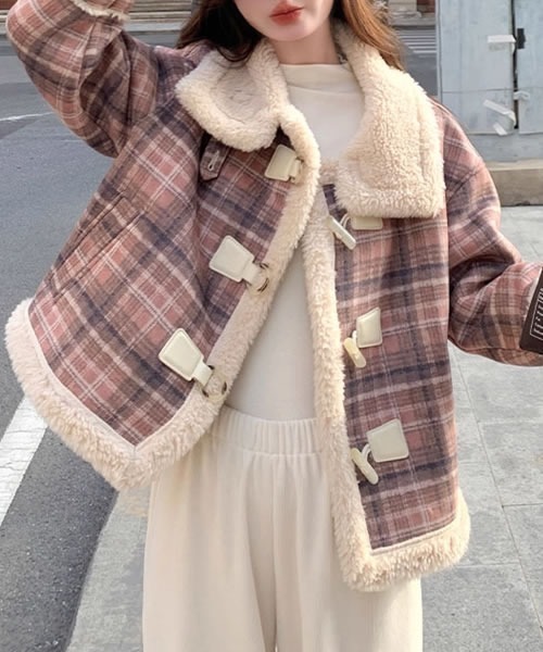 スタンドカラー チェック柄 ボア ダッフルコート（ダッフルコート