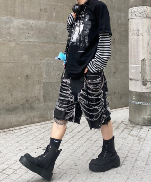 lilful(リルフル)の「【26年春夏新作】クラッシュダメージ加工七分丈ハーフデニムパンツ(デニムパンツ・メンズ・ブラック・M)」の7枚目の写真