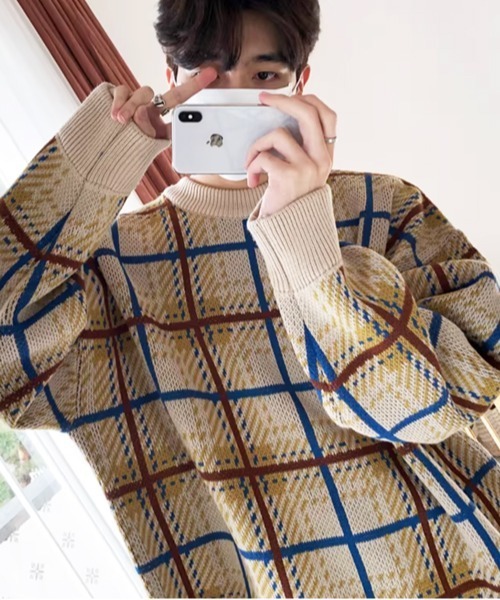 NOWLE（ノウル）の「【NOWLE】レトロチェック柄 ジャガード プルオーバー ニット（ニット/セーター・メンズ・ベージュ/ブラウン・LARGE/MEDIUM/X-LARGE）」の12枚目の写真