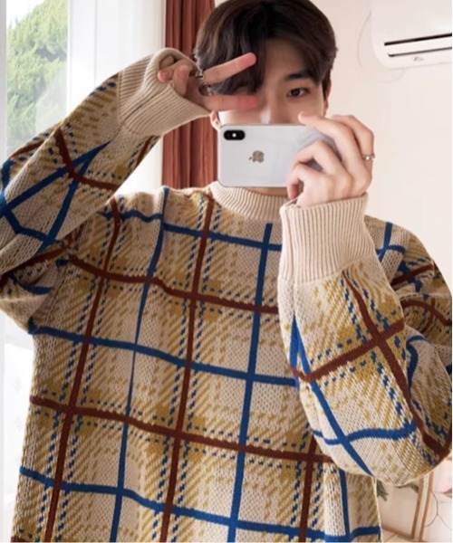 NOWLE（ノウル）の「【NOWLE】レトロチェック柄 ジャガード プルオーバー ニット（ニット/セーター・メンズ・ベージュ/ブラウン・LARGE/MEDIUM/X-LARGE）」の14枚目の写真