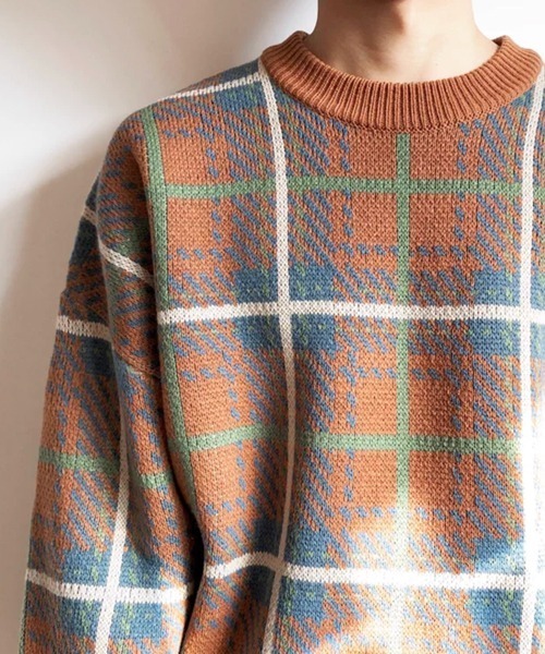 NOWLE（ノウル）の「【NOWLE】レトロチェック柄 ジャガード プルオーバー ニット（ニット/セーター・メンズ・ベージュ/ブラウン・LARGE/MEDIUM/X-LARGE）」の3枚目の写真