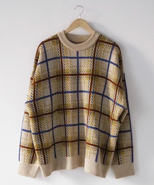 NOWLE（ノウル）の「【NOWLE】レトロチェック柄 ジャガード プルオーバー ニット（ニット/セーター・メンズ・ベージュ/ブラウン・LARGE/MEDIUM/X-LARGE）」の5枚目の写真