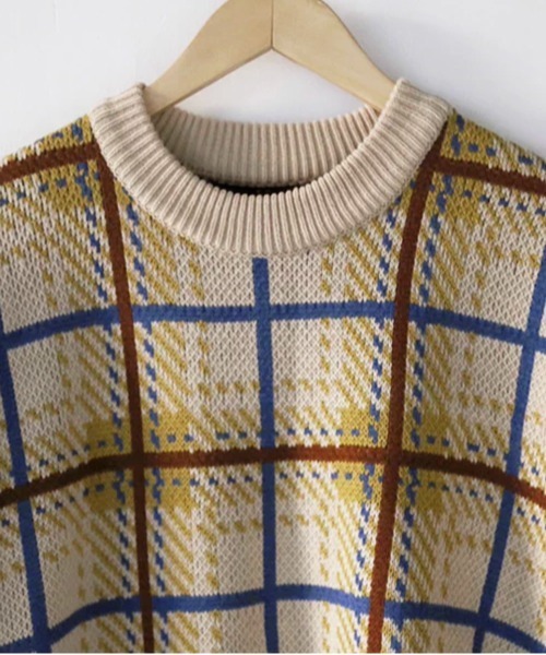 NOWLE（ノウル）の「【NOWLE】レトロチェック柄 ジャガード プルオーバー ニット（ニット/セーター・メンズ・ベージュ/ブラウン・LARGE/MEDIUM/X-LARGE）」の7枚目の写真