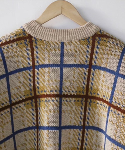 NOWLE（ノウル）の「【NOWLE】レトロチェック柄 ジャガード プルオーバー ニット（ニット/セーター・メンズ・ベージュ/ブラウン・LARGE/MEDIUM/X-LARGE）」の9枚目の写真