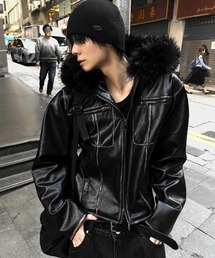 COSYHARU（コシハル）の「レザージップアップ+ブラックファーコンビジャケット（ライダースジャケット）」