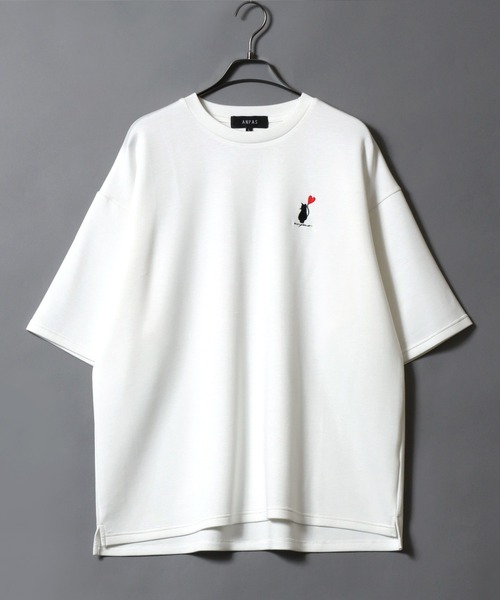 ANPAS（アンパス）の「ANPAS Ponte Fabric CAT ＆ HEART Embroidery Oversized T-Shirt/ANPAS 別注 ポンチ 猫ハート 刺繍 接触冷感 オーバーサイズ 半袖Tシャツ メンズ レディース（Tシャツ/カットソー・メンズ・ホワイト系2/ブラック系3/ブラック系1/ホワイト系1/ブラック系4/ホワイト系3/ブラック系2/ホワイト系4・L/M）」の9枚目の写真