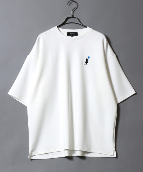 ANPAS（アンパス）の「ANPAS Ponte Fabric CAT ＆ HEART Embroidery Oversized T-Shirt/ANPAS 別注 ポンチ 猫ハート 刺繍 接触冷感 オーバーサイズ 半袖Tシャツ メンズ レディース（Tシャツ/カットソー・メンズ・ホワイト系2/ブラック系3/ブラック系1/ホワイト系1/ブラック系4/ホワイト系3/ブラック系2/ホワイト系4・L/M）」の10枚目の写真