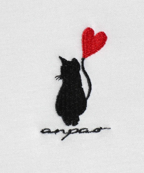 ANPAS（アンパス）の「ANPAS Ponte Fabric CAT ＆ HEART Embroidery Oversized T-Shirt/ANPAS 別注 ポンチ 猫ハート 刺繍 接触冷感 オーバーサイズ 半袖Tシャツ メンズ レディース（Tシャツ/カットソー・メンズ・ホワイト系2/ブラック系3/ブラック系1/ホワイト系1/ブラック系4/ホワイト系3/ブラック系2/ホワイト系4・L/M）」の14枚目の写真