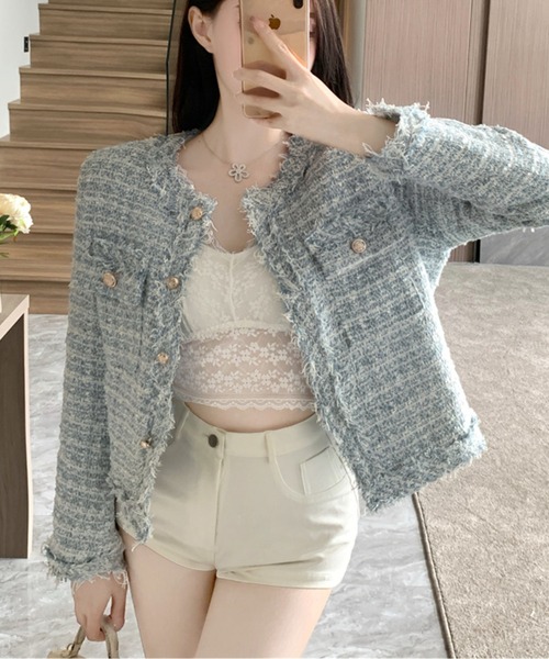 AMAJI(アマジ)の「フリンジツイードジャケット(その他アウター・レディース・ブルー/ピンク/ホワイト・LARGE/MEDIUM/SMALL)」の1枚目の写真