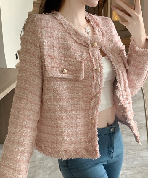 AMAJI(アマジ)の「フリンジツイードジャケット(その他アウター・レディース・ブルー/ピンク/ホワイト・LARGE/MEDIUM/SMALL)」の5枚目の写真