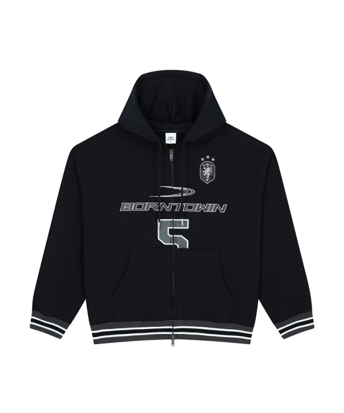 BORN TO WIN（ボーントゥウィン）の「NUMBER 5 RUGBY HOODIE ZIP-UP [BLACK]（ジャージ・メンズ・その他・1/2/3）」の2枚目の写真