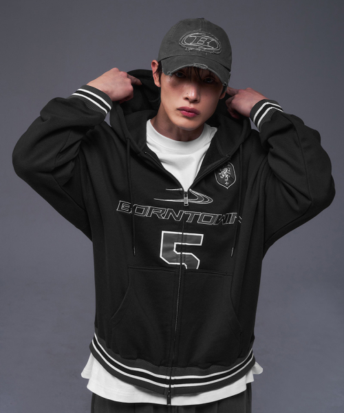 BORN TO WIN（ボーントゥウィン）の「NUMBER 5 RUGBY HOODIE ZIP-UP [BLACK]（ジャージ・メンズ・その他・1/2/3）」の3枚目の写真