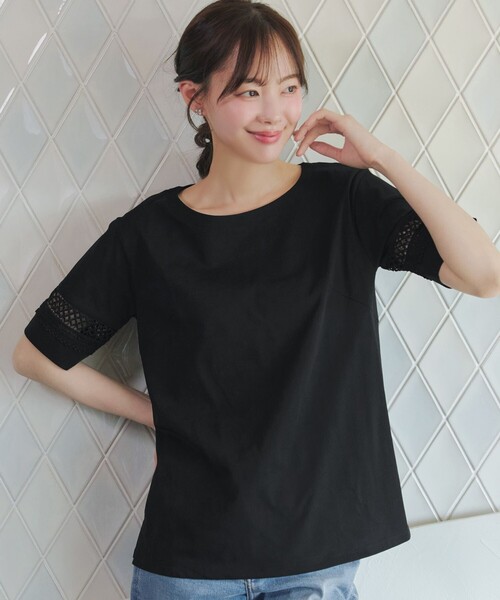 Tiaclasse(ティアクラッセ)の「「サマケア」レーススリーブトップス(Tシャツ/カットソー・レディース・ブラック/オフホワイト/グリーン・M/L)」の2枚目の写真