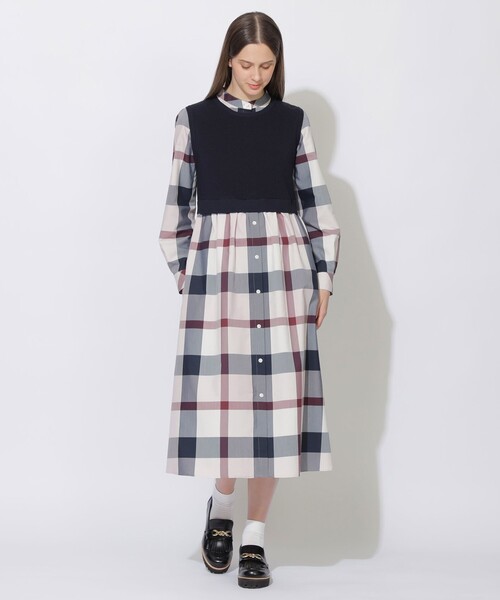BLUE LABEL CRESTBRIDGE(ブルーレーベルクレストブリッジ)の「【WEB限定】クレストブリッジチェックニットコンビドレス(ワンピース・レディース・パープル系その他4/ブルー系その他2・38/36)」の2枚目の写真
