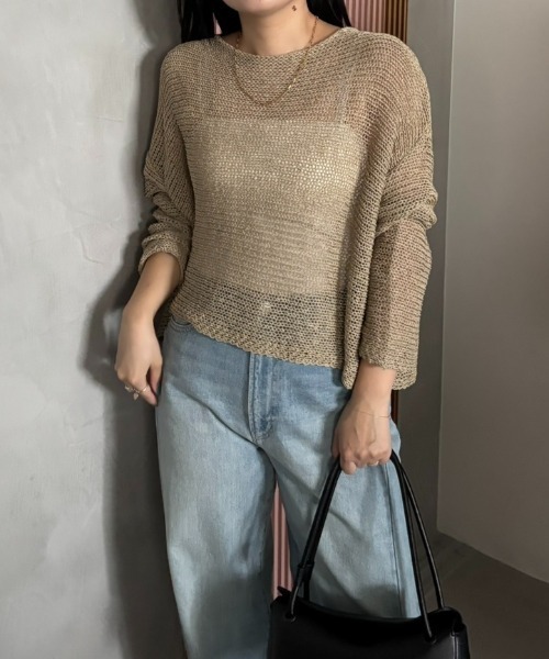 A part by(アパートバイ)の「【UVカット】メッシュニットプルオーバー(ニット/セーター・レディース・ベージュ/グリーン/オフホワイト/ライトグレー・FREE)」の4枚目の写真