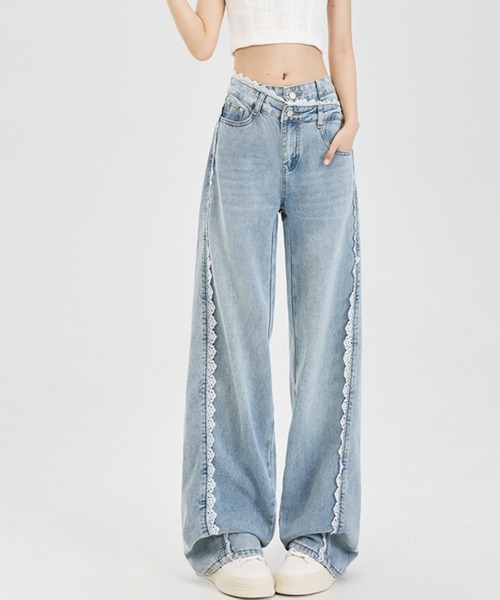 L LABEL（エルラベル）の「レーストリムバレルデニムパンツ（デニムパンツ・レディース・インディゴブルー・S-M/M-L）」の4枚目の写真