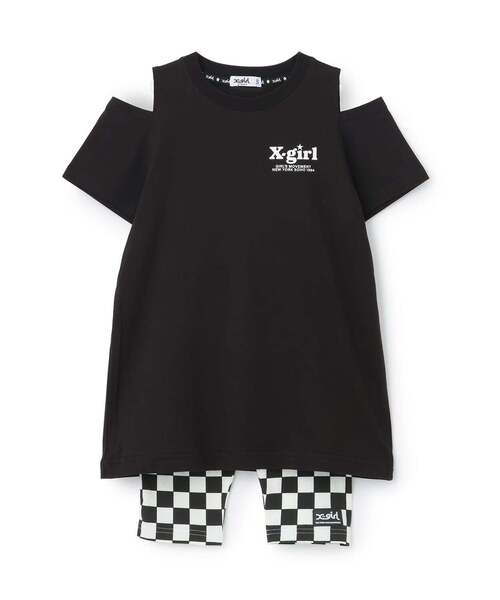 X-girl Stages(エックスガールステージス)の「【接触冷感】バックロゴ肩あきTワンピ+5分丈レギンス セット(セットアップ・キッズ・ブラック/グリーン・130cm/120cm/140cm/110cm/100cm/90cm)」の2枚目の写真