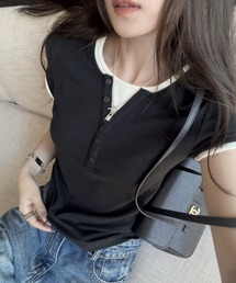レイヤードTシャツ ヘンリーネックトップス