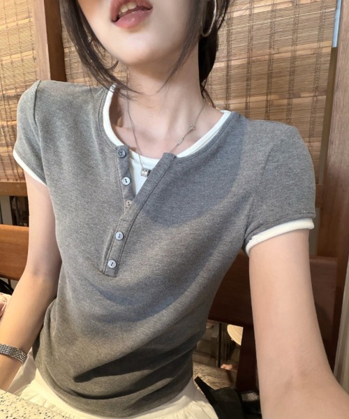 NoBelle(ノベル)の「レイヤードTシャツ ヘンリーネックトップス(Tシャツ/カットソー・レディース・ホワイト/グレー/グリーン/ブラック・FREE)」の16枚目の写真
