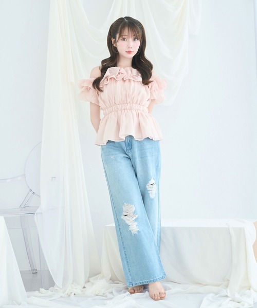 Rose Muse(ロゼミューズ)の「Sheer gather off shoulder tops(その他トップス・レディース・オフホワイト/ピンク・FREE)」の5枚目の写真