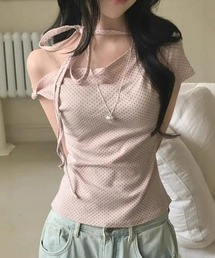 DEVICE（デバイス）の「ドット 水玉 ドレープ オフショルダー リボン トップス Tシャツ（Tシャツ/カットソー）」