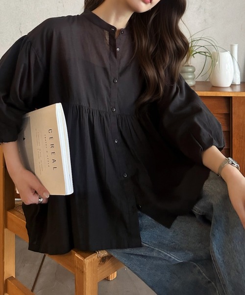 Eclat one(エクラワン)の「【Eclat one】コットン ギャザー 7分袖 バルーン ブラウス(シャツ/ブラウス・レディース・ブラック/オフホワイト/カーキ・FREE)」の10枚目の写真